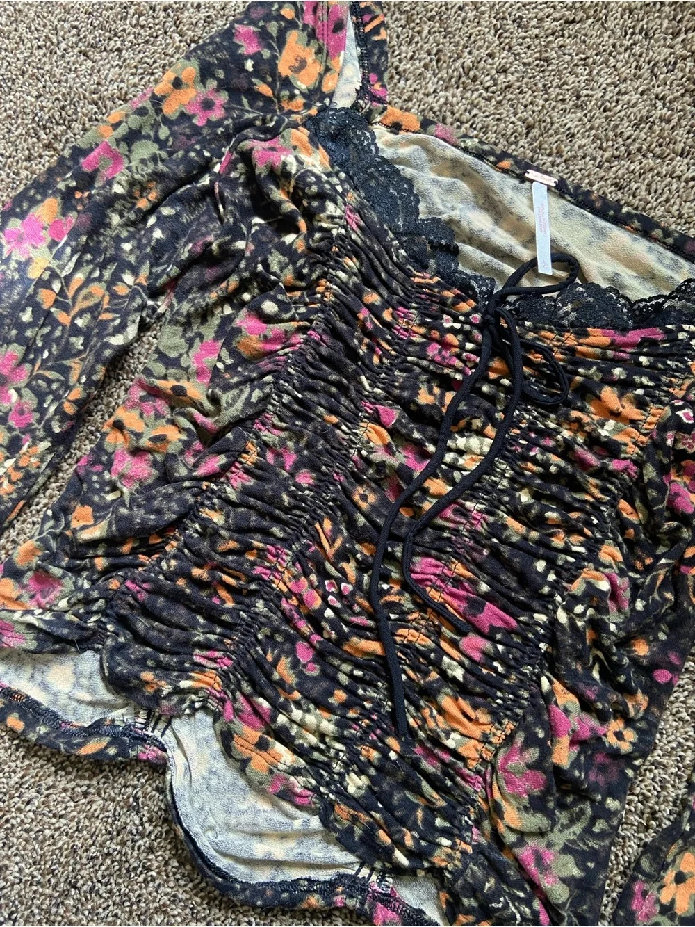 Free People Black Floral Ruched Long-Sleeve Crop Top with Pink & Orange Flowers